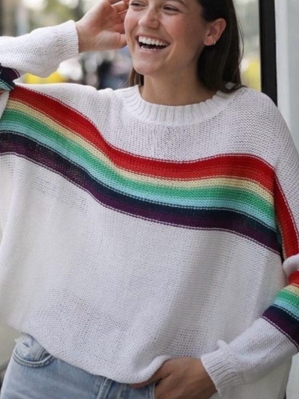 Wooden Ships rainbow crewneck Cream Knit Sweater with Stripes small/medium NWT